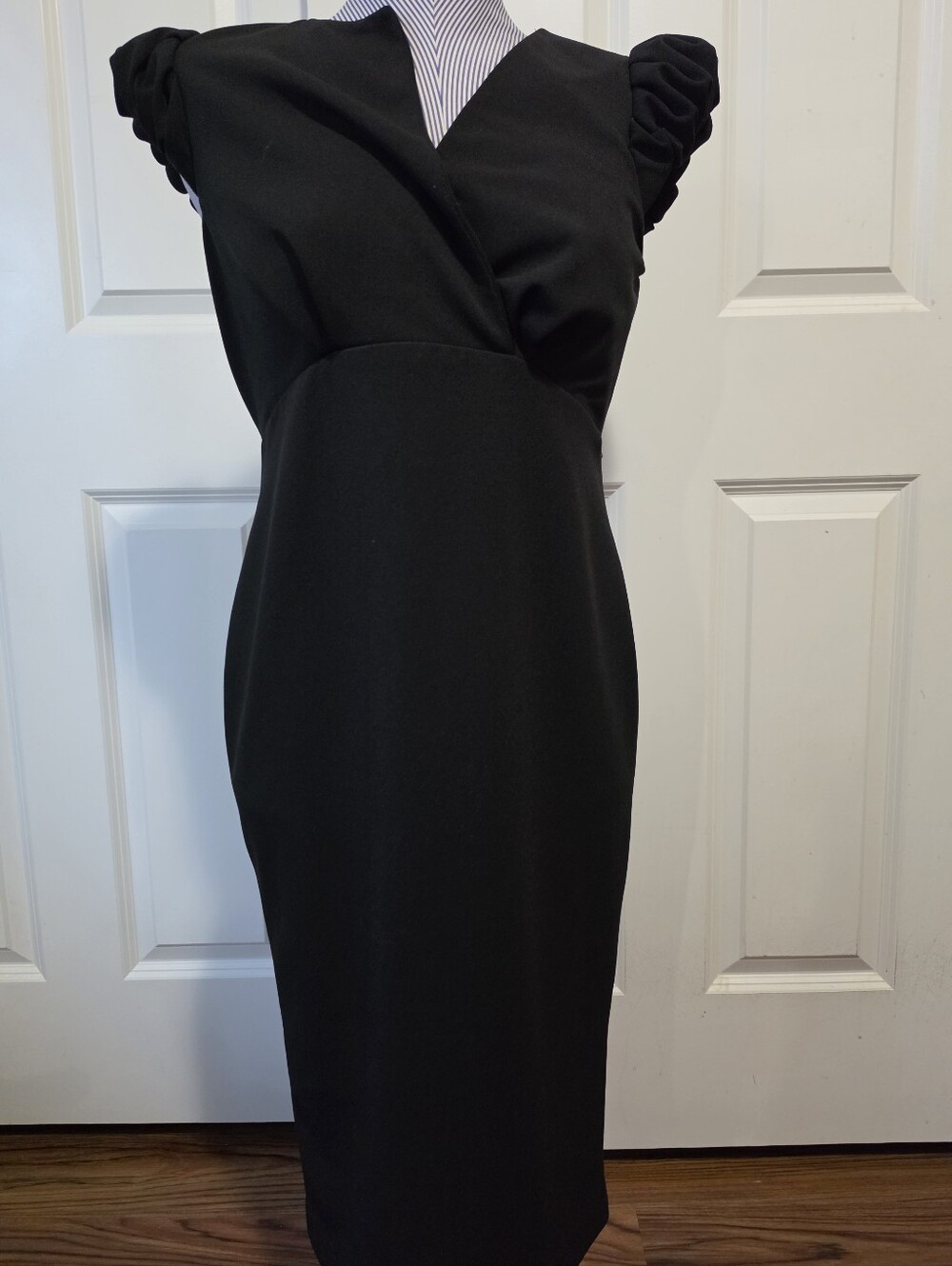Calvin Klein Black Midi Sheath Dress with Ruched Cap Sleeves